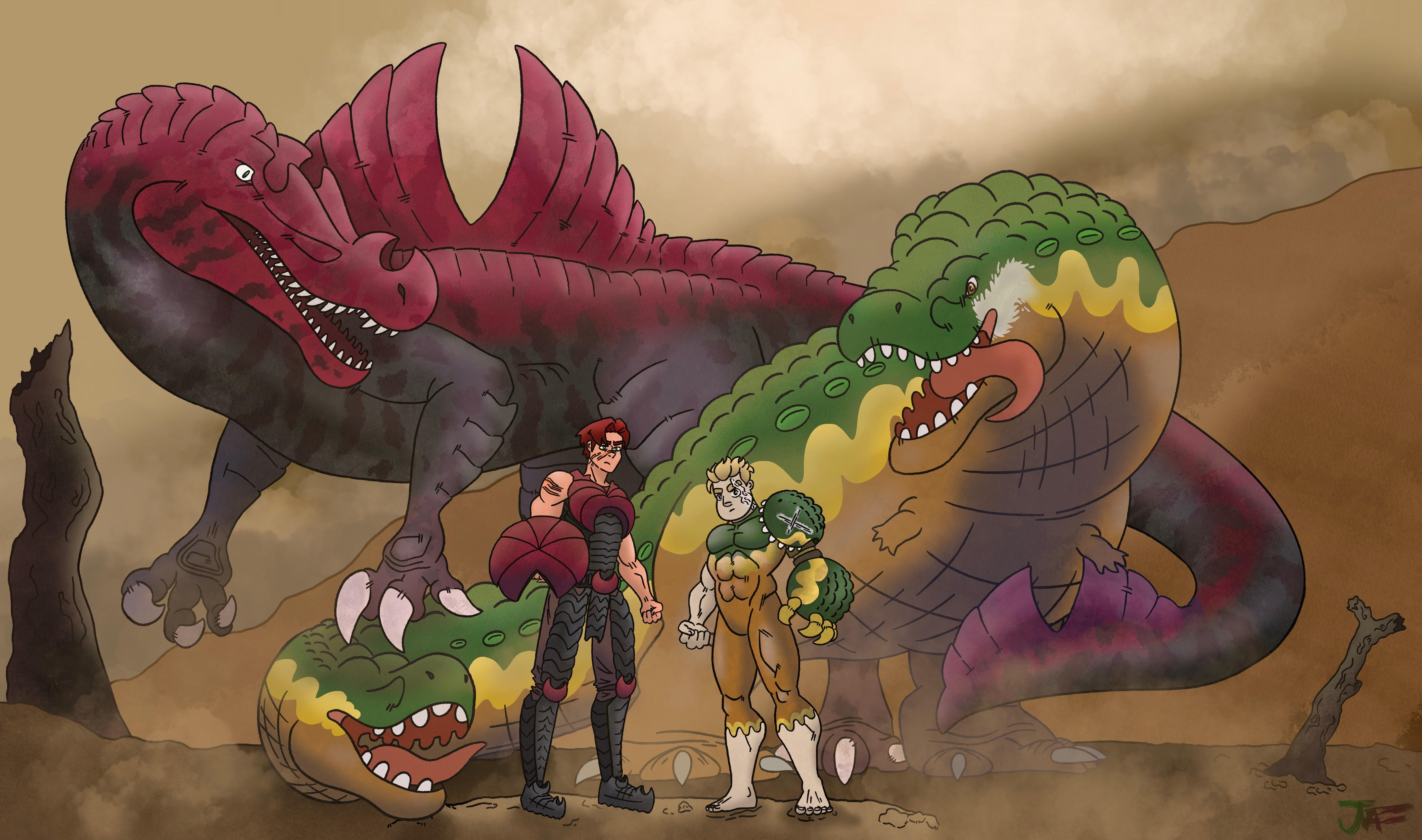 Comrades — two armored figures standing beside a red-crested and a green-scaled creature in a dust-filled canyon